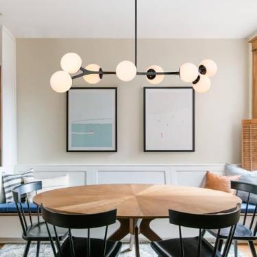 Imagem de Lingkai Lustres lineares modernos pretos grandes de 142 cm para sala de jantar, lustre moderno de meados do século, lustre de 8 luzes para sala de estar e cozinha