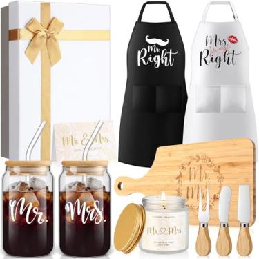 Imagem de Singhoow 12 peças de presentes de casamento para casais Mr Right Mrs Always Right Copos de vidro Aventais Tabuleiro de Charcutaria Vela Caixa de Faca de Manteiga para Chá de Nupcial Noivado Noiva