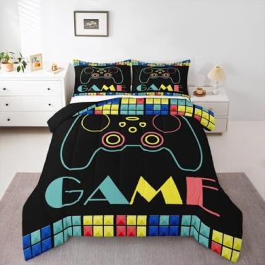 Imagem de jejeloiu Jogo de cama gamer macio para meninos e meninas, conjunto de edredom para jogos, tamanho casal, edredom de microfibra, 3 peças com 2 fronhas