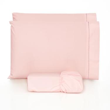 Imagem de Jogo de lençol 100% algodão 200 fios com fronha ponto palito diversos tamanhos (solteiro, casal, queen, king size) (Rosa, King)