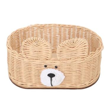 Imagem de Diydeg Caixa de lenços de rattan, porta-lenços, porta-guardanapos facial tecido naturally, porta-lenços decorativo boho com ursinho fofo tecido à mão para cozinha (Bege)