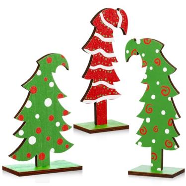 Imagem de Meooeck 3 peças árvore de Natal de madeira verde limão árvore de Natal dobrável pequena decoração de casa de fazenda em pé com base retangular para decoração de mesa de escritório em casa (linhas)