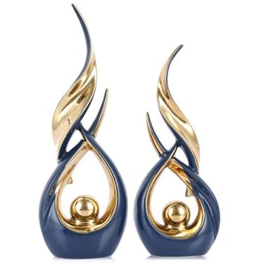 Imagem de XMGZQ Conjunto de estátua abstrata de cerâmica dourada de 2 peças, decoração de casa de arte abstrata moderna de meados do século em decoração de prateleira exclusiva, divisória de armário de TV e