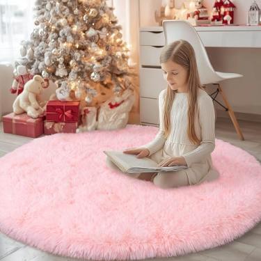 Imagem de Tapete redondo fofo rosa para quarto, tapete felpudo de 1,8 m para quarto de meninas e crianças, tapete de pelúcia macio antiderrapante para dormitório, sala de estar, decoração de casa