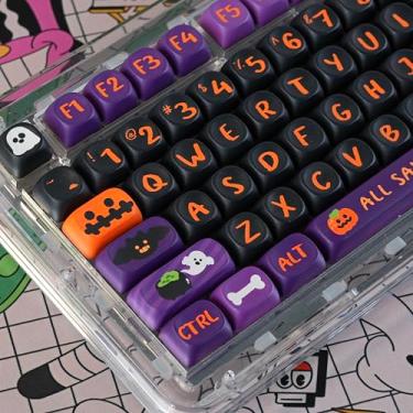 Imagem de COOMICKEY Conjunto de teclas fofas com tema de Halloween gato preto, Dye Sub PBT capas de teclas personalizadas 130 teclas anime perfil MOA teclas teclado para teclado mecânico Gateron MX Switchs