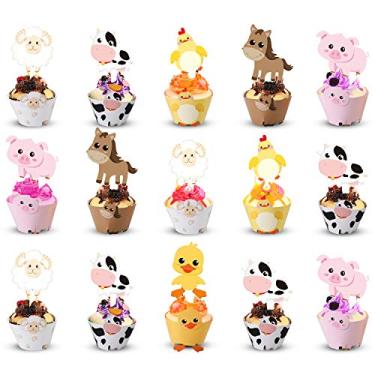 Imagem de Blulu 60 peças de embalagens e topos de cupcake de animais de fazenda para festa temática de fazenda - enfeites de cupcake para decoração de festa de aniversário animal de fazenda suprimentos para chá de bebê