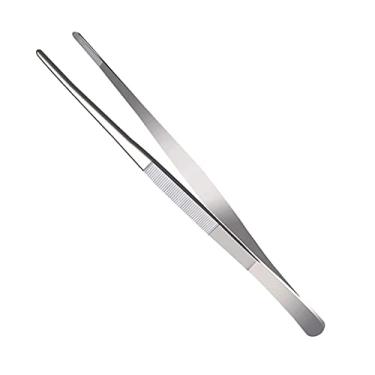 Imagem de Pinça de pinça longa, pontas planas dobradas serrilhadas de precisão curvadas científicas pinças cirúrgicas joalheiros agulha de metal costura de metal afiada pequena pinça de cozinha com dentes alças