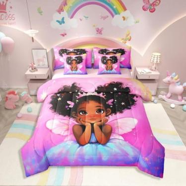 Imagem de Erosebridal Conjunto de edredom solteiro para meninas negras, princesa africana com asas, conjunto de cama de 7 peças com edredom, lençóis, fronhas e fronhas, cama para todas as estações, galáxia