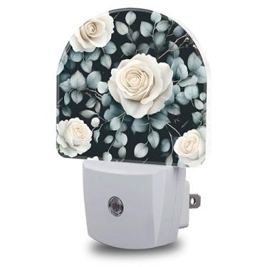 Imagem de FOISIIAEA Luz noturna, luzes noturnas vintage de flores de rosas brancas conectadas à parede, sensor do crepúsculo ao amanhecer, luz noturna redonda para mulheres e homens, lâmpada de LED com