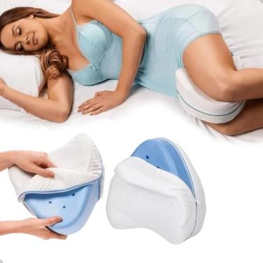 Imagem de Almofada Travesseiro Ortopédico para Pernas, Alivia Dores No Corpo Lombar, Articulações, Joelhos e Gravidez com Capa Removível, Suporte Ergonômico, Azul e Branco