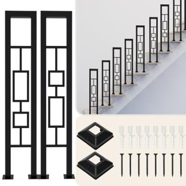 Imagem de XHKJYSDP 2 corrimão de escada em forma de U de 90 cm, trilho de mão preto fosco com padrão quadrado, corrimão de escada externa de ferro forjado para varandas, decks, cercas, preto