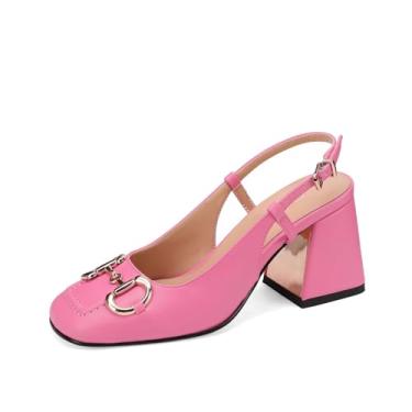 Imagem de Wrynthevia Sapato feminino moderno quadrado fechado com fivela chique dourado salto bloco sapato slingback data trabalho elegante salto alto slingbacks para mulheres, rosa, 40