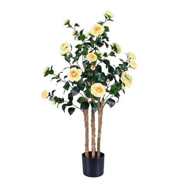 Imagem de Camélia de árvores artificiais realistas com troncos de madeira natural, rosa sintética de seda perene com flores de seda, decoração interna para sala de estar, varanda, escritório (amarelo, 1,2 m x 1
