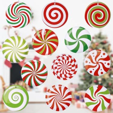 Imagem de 12 peças de enfeites de Natal ao ar livre, 15 cm/5,91 pol, decorações de festa de candyland de hortelã-pimenta, papel colorido, decorações redondas para doces, festas de Natal