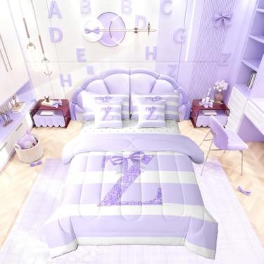 Imagem de Erosebridal Conjunto de cama casal com letra Z, 7 peças, com laço, roxo, para crianças, adolescentes, mulheres, conjunto de edredom com laço kawaii, moderno, estético, listrado, conjunto de cama