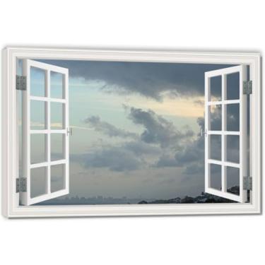 Imagem de Tela falsa de janela com nuvens dispersas que economizam espaço, arte de parede cênica realista para quarto, casa, 69,8 x 104,9 cm emoldurada