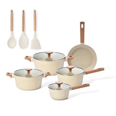 Imagem de jogo com 5 panelas antiaderentes de ceramica indução bege mou pitaya e 3 utensílios de silicone - oi