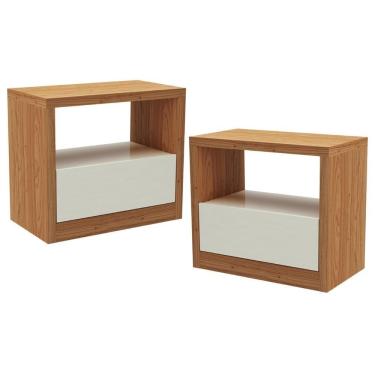 Imagem de Kit 02 Mesas De Cabeceira Moderna 1 Gaveta Cameron D03 Freijó Off White - Lyam Decor