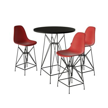 Imagem de Jogo Mesa Bistrô Eames Preta 60Cm 3 Banquetas Vermelha Base Ferro Preto - Cor: Preto