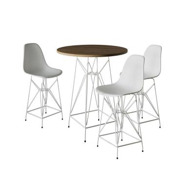 Imagem de Jogo Mesa Bistrô Eames Tampo Amêndoa 60Cm 3 Banquetas Branca Base Ferro Branco - Cor: Amendoa