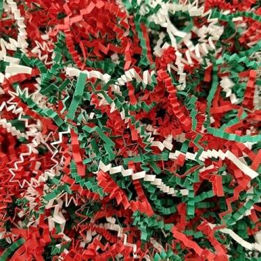 Imagem de Enchimento de papel cortado enrugado – papel colorido vermelho verde branco para enchimento de caixa de presente, enchimento de cesta, saco de 100 g, perfeito para Natal, embrulho de presente de