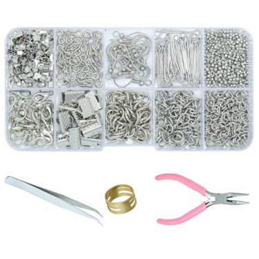 Imagem de Gacuyi Kit de suprimentos para fabricação de joias, kit de reparo de joias com alicate, achados e fios de contas para reparo de achados de joias e miçangas (prata)