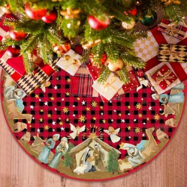 Imagem de GMEMNOV Saia de presépio de Natal – Tapete de árvore de Natal xadrez de búfalo religioso de 91 cm para casa de fazenda, tapete de árvore cristã, decoração para festas de Natal e festivais