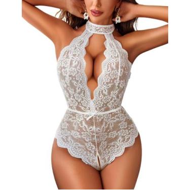 Imagem de Lingerie Avidlove Halter Lace Body com decote em V, pelúcia branca XXL