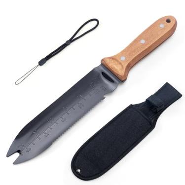 Imagem de YANG Faca de jardim Hori Hori, faca de jardinagem de aço inoxidável de 18 cm com bainha de tecido Oxford, cabo de madeira de faia completo, ferramenta de jardim EDC para dividir plantas e capina