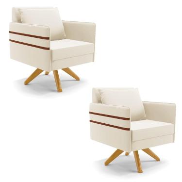 Imagem de Kit 02 Poltronas Giratória Veludo Base De Madeira Ma30 Bege