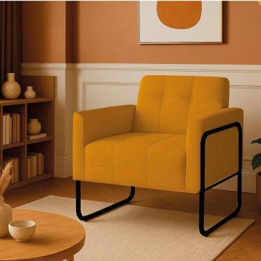 Imagem de Poltrona Sala Industrial Alta Tubo Preto Elisa Bouclê D03 - D`rossi Cor Mostarda