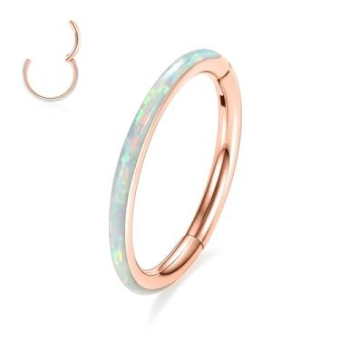 Imagem de PEAKLINK Brincos de cartilagem de ouro rosa de hélice de opala branca piercing de concha 18G anel de nariz ouro rosa joia de septo segmento inclinado Daith torre tragus brinco de argola pequena 9 mm