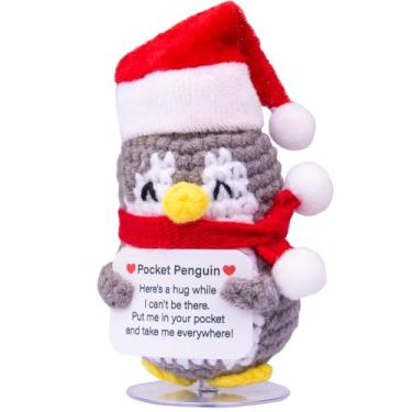 Imagem de CoFuBcad Positive Penguin with Christmas Hat, Cute Christmas Crochet Penguin with Positive Card Wool Doll Emotions Penguin Christmas Party Decoration Encouragement Gifts