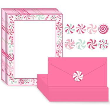 Imagem de JarThenaAMCS Conjunto de 30 peças de papel de papelaria de Natal rosa doce de menta rosa papel de escrita com letras impressas duplas com envelopes para chá de bebê, convite de festa, impressão de