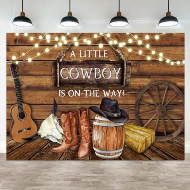 Imagem de ASDCXZ Pano de fundo de chá de bebê de 2,4 x 1,8 m A Little Cowboy is on The Way Fotografia Fundo Wild West rústico placa de madeira bota infantil festa de aniversário banner decorações festas