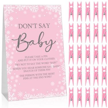 Imagem de Cinnvoice 51 peças de suprimentos de jogos de chá de bebê incluem placa rosa de floco de neve Don't Say e 50 clipes de plástico engraçados decorações de festa de chá de bebê para lembrancinhas de