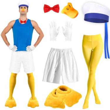 Imagem de WGOCAUK 7 peças de fantasia de pato de Halloween para homens, inclui chapéu de marinheiro branco, gravata borboleta de nariz de pato, chinelos amarelos, meia-calça, luvas brancas, calças curtas para