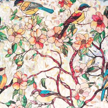 Imagem de Película de privacidade para janela de vitral decorativa com estampa de flores e pássaros, tinta estática aderente, controle de calor, antiUV, removível, sem cola, adesivo, 89 cm x 199 cm