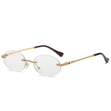 Imagem de Óculos de sol retrô oval sem aro masculino, azul, espelhado, dourado, metal, redondo, sem armação, feminino, uv400 (dourado, transparente)