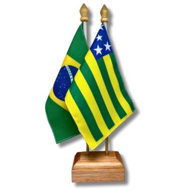 Imagem de Bandeira de Mesa Elegance Brasil e Goiás, Dupla Face, 19x13cm, Base Madeira 30cm Altura, Oxford, Decorativa, Escritório e Eventos