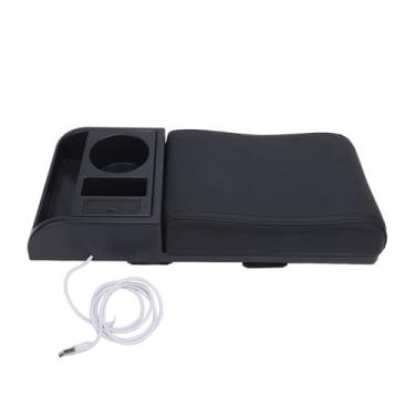 Imagem de Console central caixa de apoio de braço capa comprimento ajustável com porta de carregamento usb suporte de copo para a maioria dos veículos (Linha Preta)