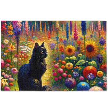 Imagem de Quebra-cabeça adulto personalizado flores primavera gato preto 1000 peças presentes engraçados jogos de quebra-cabeça família divertido quebra-cabeças animal arte colorida, 75 cm x 50 cm