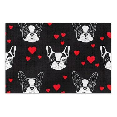 Imagem de Quebra-cabeça adulto 500 peças presentes para jogo de elefante branco bonito buldogue francês corações preto natureza quebra-cabeça cenário arte floral, 20,5 x 14,9 polegadas