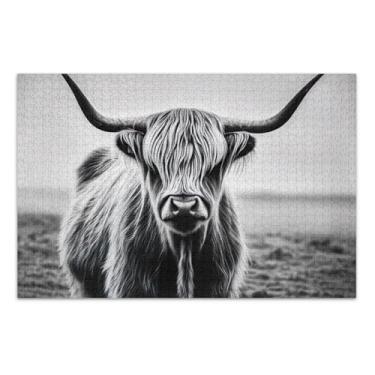 Imagem de Quebra-cabeça de 500 peças para adultos vaca highland preto branco divertido quebra-cabeça bobo cena de outono arte pintura animal, 50 x 37 centímetros