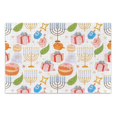 Imagem de Quebra-cabeça adulto com símbolos tradicionais de Hanukkah Menorahs 500 peças, presentes de jogos para amigos e família, quebra-cabeça grande e rígido, arte floral animal, 51 x 35 cm