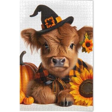 Imagem de Quebra-cabeça de abóbora vaca highland halloween para adultos 1000 peças cenário engraçado arte floral família divertido jogo personalizado engraçado, 75 cm x 50 cm