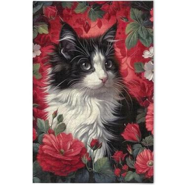 Imagem de Quebra-cabeça com flores de gato gatinho 500 peças para adultos jogos engraçados presentes tecnológicos quebra-cabeça cena de outono personalizado brinquedo artístico, 52 cm x 37,8 cm