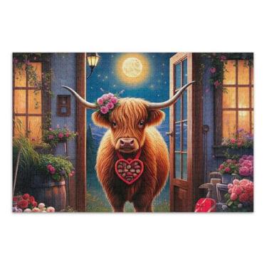 Imagem de Quebra-cabeça 1000 peças para adultos bonito highland vaca lua jogo noturno presentes quebra-cabeça difícil decoração de arte animal, 75 x 40 centímetros