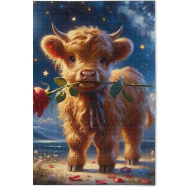 Imagem de Highland Cow Quebra-cabeça fofo 500 peças adultos amantes presentes família quebra-cabeças rígidos para adultos impressão animal personalizado decoração de arte, 52 cm x 37,8 cm