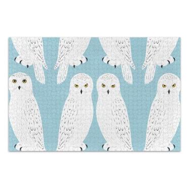 Imagem de Quebra-cabeça para adultos 1000 peças engraçadas corujas brancas da neve azul claro brinquedo de arte quebra-cabeça cena de outono divertido bobo, 75 x 40 centímetros